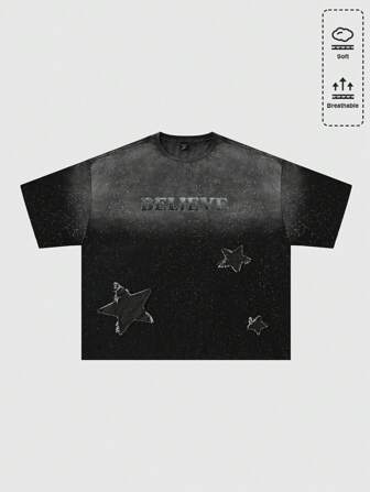 Street Life Herren Oversized T-Shirt im Street-Life-Stil mit ausgewaschenen Stern-Stickereien und Dropped Shoulder, Rave