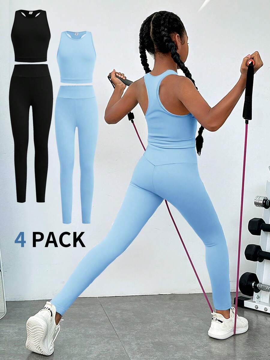 SHEIN Leap Crew Tween Girl Knitted Solid Tank Top And Pants Sportswear Set 4Pieces 2 Color Set, For Daily Wear, Back To School - Baby Blue - View 1