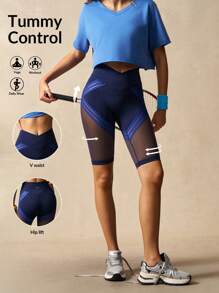 VARSITIE Workout Shorts Women's Color Block Mesh Asymmetric Waist Biker Shorts