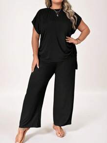 SHEIN LUNE Plus Drawstring Side Batwing Sleeve Tee & Wide Leg Trousers - Black - View 4