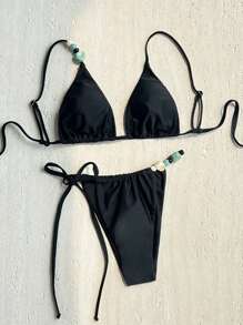 Bonvoyette Bộ bikini nữ màu đen bãi biển resort 2 mảnh, thắt nút bên hông, cắt cao, đính hạt trơn màu mới - màu đen - Xem 2