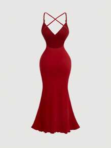 SHEIN MOD Elegante abito da ballo a sirena rosso, abito da cerimonia formale per laurea