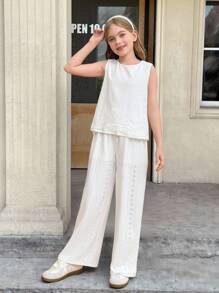 SHEIN Tween Girls Commuter Casual Jacquard Sleeveless Crew Neck Top And Straight Leg Pants Set