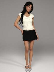 TRNVIE 女士休闲荷叶边前系带褶皱 T 恤，适合度假 - 杏色 - 查看 6