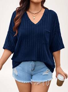 SHEIN LUNE 大码女式简约纯色V领T恤，适合日常穿着秋季上衣，教师舒适居家和外出穿着秋季女装带袖上衣，旅行机场新年女装生日女装长袖上衣，冬季情人节商务休闲女士外出上衣女装 - 藏蓝色 - 查看 1