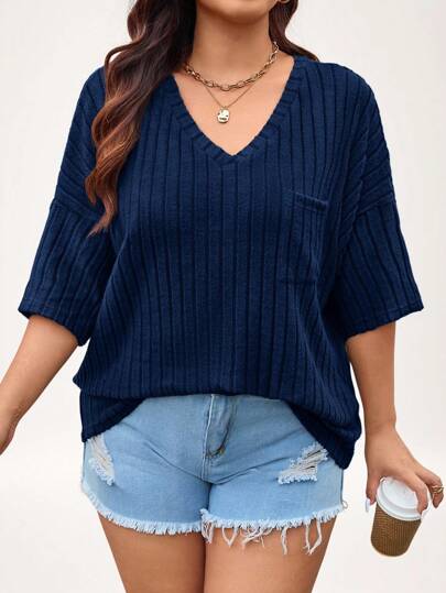 SHEIN LUNE 大码女式简约纯色V领T恤，适合日常穿着秋季上衣，教师舒适居家和外出穿着秋季女装带袖上衣，旅行机场新年女装生日女装长袖上衣，冬季情人节商务休闲女士外出上衣女装