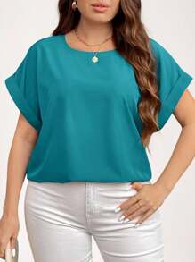 SHEIN LUNE Plus Size Women Solid Color Bat Sleeve Casual Blouse Summer - Mint Blue - View 3