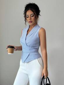 Selianne 女装夏季新款V领条纹优雅收腰显瘦无袖衬衫（随机印花） - 藍白色 - 查看 4