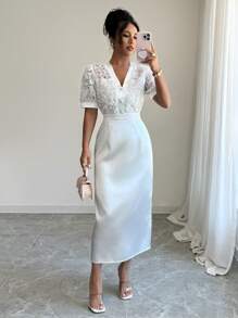 Elenzga V-Neck Splicing Elegant Puff Sleeve Waist Cinching Dress