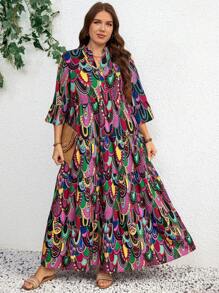 SHEIN LUNE 大码女式度假全印花V领喇叭袖时尚连衣裙