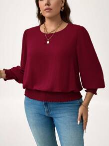SHEIN LUNE Bluzka w dużym rozmiarze, swobodna, w jednolitym kolorze, z bufiastymi rękawami, na Nowy Rok, na Święta, na Dzień Matki, prosta i modna - Burgund - Zobacz 5