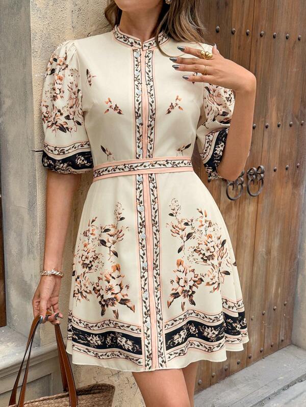 Pariaura فستان قصير قصة A أنيق بقلنسوة ياقة ومنطقة الخصر، أكمام منتفخة مطبوع عليه، مناسب للعطلات والربيع/الصيف للنساء