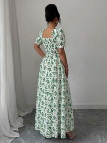 Rafferiza Women's Elegant Floral Print Square Neck Dress With Ruffle Trim And Ruffle Sleeves, Short Dress For Spring/Summer/Autumn - Mint Green - View 2
