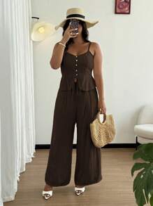 Rustia Setelan 2 Potong Celana Kasual Linen Musim Panas dengan Tali untuk Wanita, Gaya Minimalis - Coffee Brown - View 7