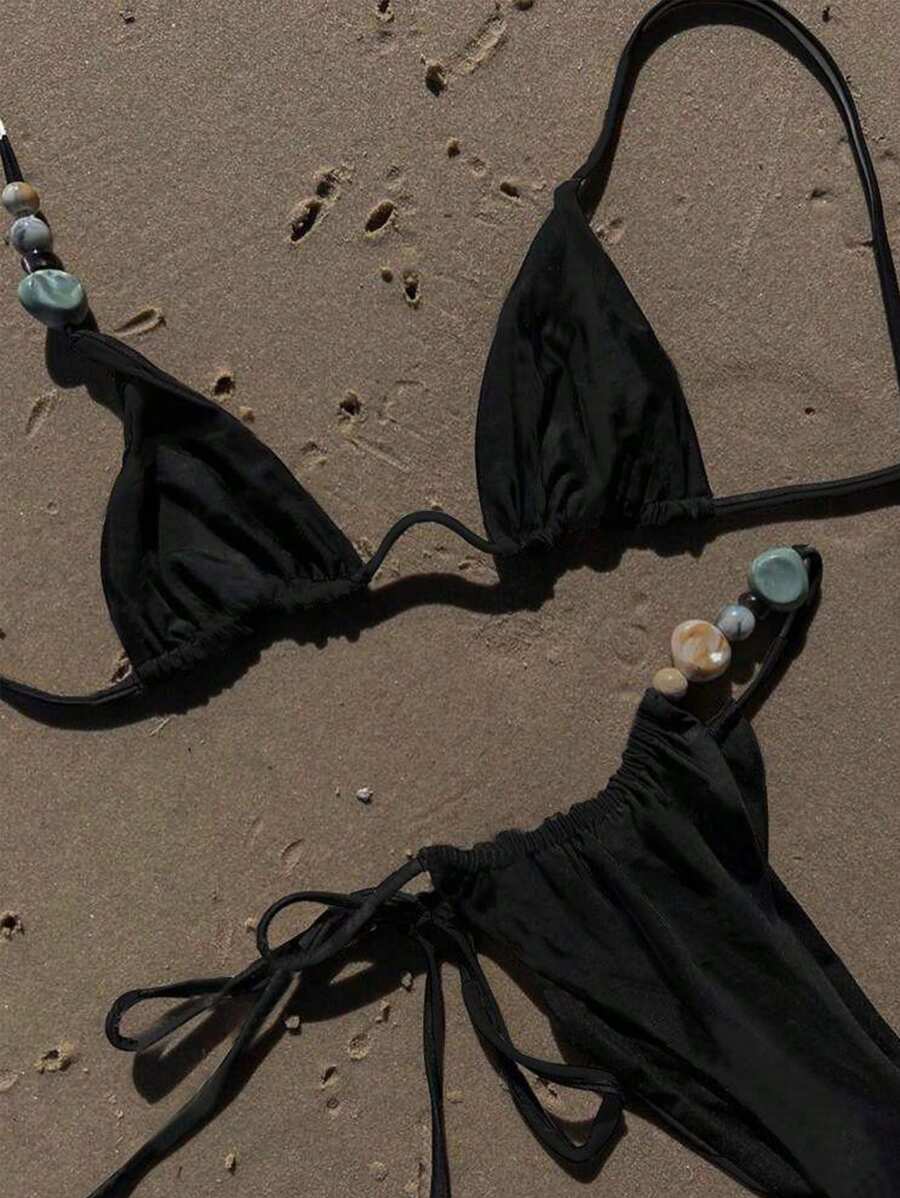 Bonvoyette Bộ bikini nữ màu đen bãi biển resort 2 mảnh, thắt nút bên hông, cắt cao, đính hạt trơn màu mới - màu đen - Xem 1