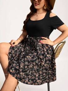 SHEIN LUNE 加大对比碎花印花露肩系带连衣裙，夏季