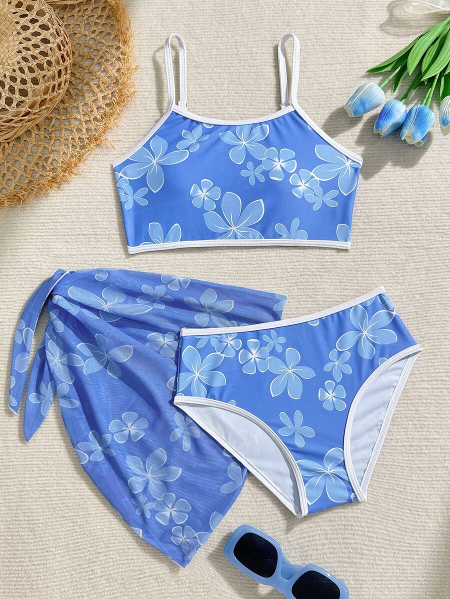 3pcs Tween GirlsRandom Floral Print Swimsuit & Beach Attire Set - Blue and White - View 1