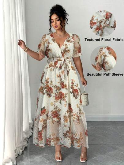 Elenzga Women's V-Neck Jacquard Puff Sleeve Tie Waist Elegant Dress, Spring/Summer