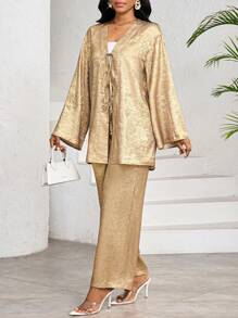 SHEIN Lady 2 件套女士休闲前系带长袖上衣和裤子套装，纯金面料女士两件套度假装女士 2 件套女士婚礼宾客礼服女士办公室礼服女士工作礼服女士休闲礼服 7 月 4 日女士 - 金色 - 查看 3