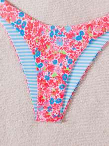 Swim Mod 2pcs/Set Women Holiday Vacation Beach Random Print Reversible Halter Top And Adorable Shorts Bikini Set For Summer - Multicolor - View 5