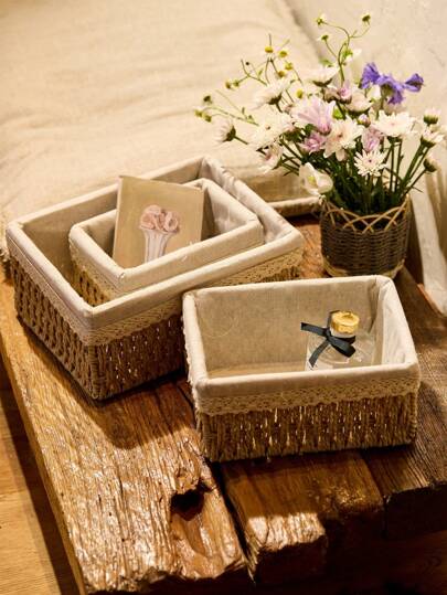 Cirelle 1 pieza Caja de almacenamiento de escritorio para artículos varios y bocadillos, cesta de almacenamiento de cosméticos tejida de mimbre artificial, cesta de almacenamiento de ropa