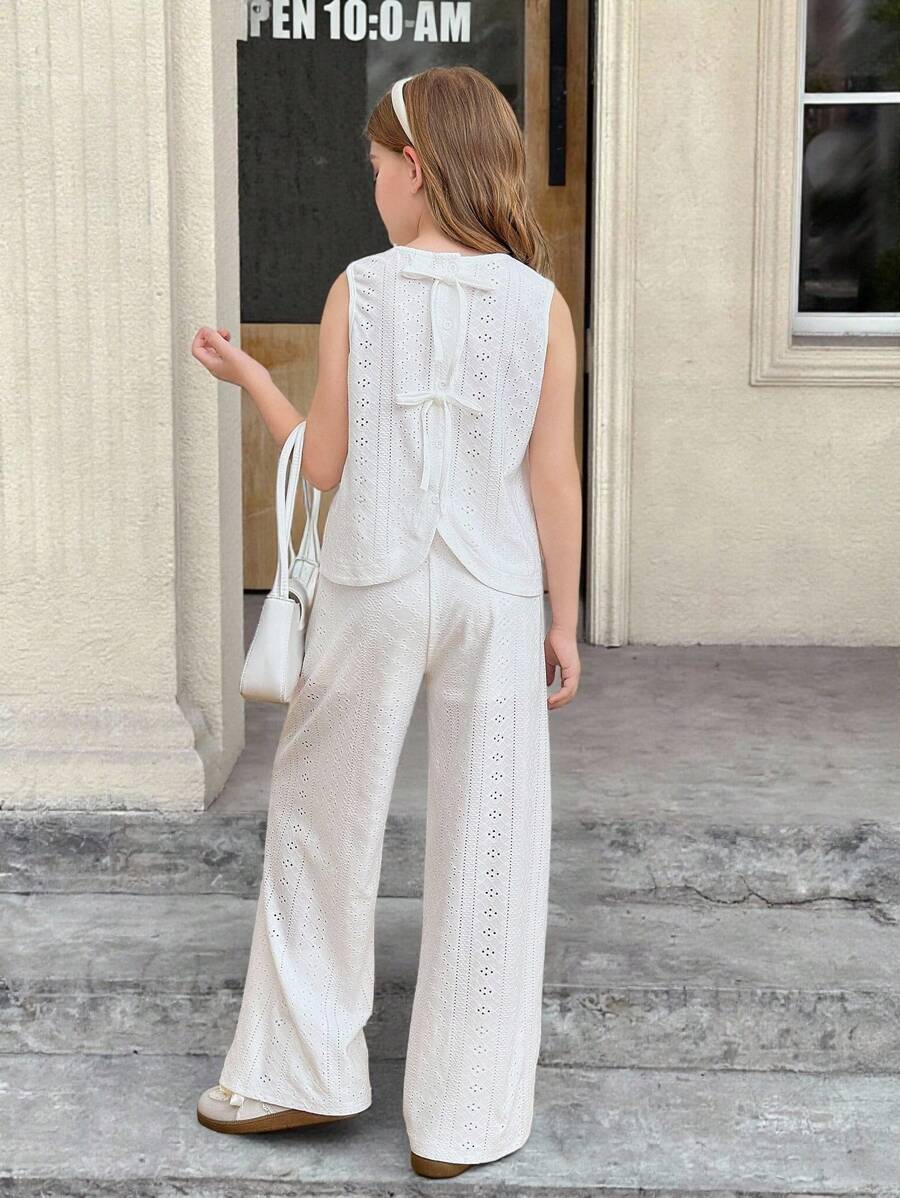 SHEIN Tween Girls Commuter Casual Jacquard Sleeveless Crew Neck Top And Straight Leg Pants Set