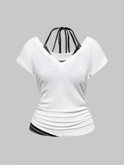 Grunge Punk ملابس علوية ملابس علوية قصير للنساء بتصميم كروب توب كوري كي بوب Y2K، رقبة على شكل حرف V مع خطوط متباينة، تصميم ربطة عنق، أبيض