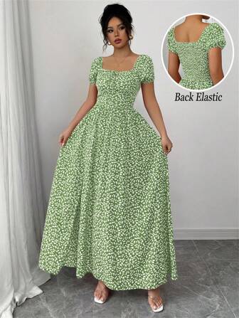 Rafferiza Calvaya 女式绿色度假浪漫优雅碎花褶皱泡泡袖收腰 A 字休闲节日情人节场合蝴蝶结后背吊带连衣裙，多种穿着风格，春夏新品毕业春季连衣裙海滩女士服装太阳开衩长款连衣裙