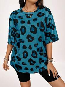 SHEIN LUNE Plus Size Basic Leopard Print Animal Pattern Casual T-Shirt, For Summer