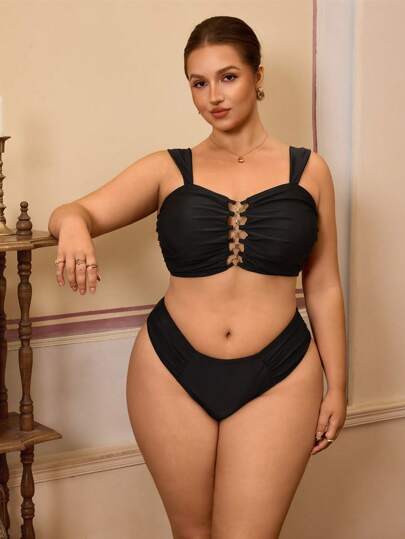 Swim Chiccia Plus Size Women Summer Beach Vacation Chain Decor Ruched Bust Bandeau Bikini Top