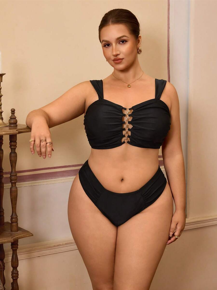 Swim Chiccia صدرية بكيني مكشكشة ذات قطع بحري مزينة بالسلاسل للنساء كبيرات الحجم للإجازات الصيفية على الشاطئ - الأسود - مشاهدة 1