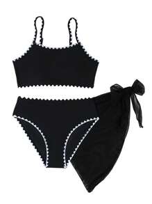 SHEIN Bikini de 3 piezas para niña preadolescente, traje de baño de unicolor de punto con concha bordada, traje de baño de moda para trajes de baño negros para trajes de baño para niñas de 14 años, ropa de verano para vacaciones - Negro - Ver 6