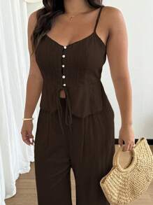 Rustia Setelan 2 Potong Celana Kasual Linen Musim Panas dengan Tali untuk Wanita, Gaya Minimalis - Coffee Brown - View 6