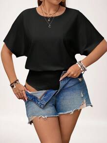 SHEIN LUNE Damen Bodysuit in großen Größen mit einfarbigem Rundhalsausschnitt und Kurzarm, einfach und modisch für Muttertag und Sommer - Schwarz - Übersicht 1