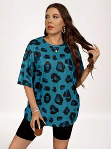 SHEIN LUNE Plus Size Basic Leopard Print Animal Pattern Casual T-Shirt, For Summer