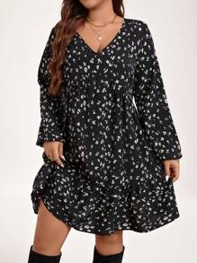 SHEIN LUNE Plus Fall Outfits Ditsy Print Lantern Sleeve Ruffle Hem Smock Dress For Fall Fall Women Clothes Fall Wedding Guest Dress Thanksgiving Outfit Holiday Outfit Holiday Party Dress Plus - Black - View 1