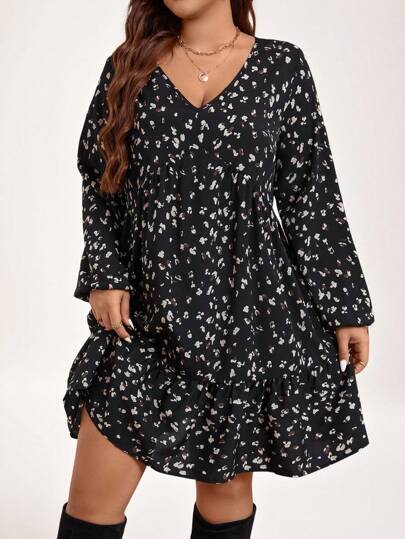 SHEIN LUNE Plus Fall Outfits Ditsy Print Lantern Sleeve Ruffle Hem Smock Dress For Fall Fall Women Clothes Fall Wedding Guest Dress Thanksgiving Outfit Holiday Outfit Holiday Party Dress Plus