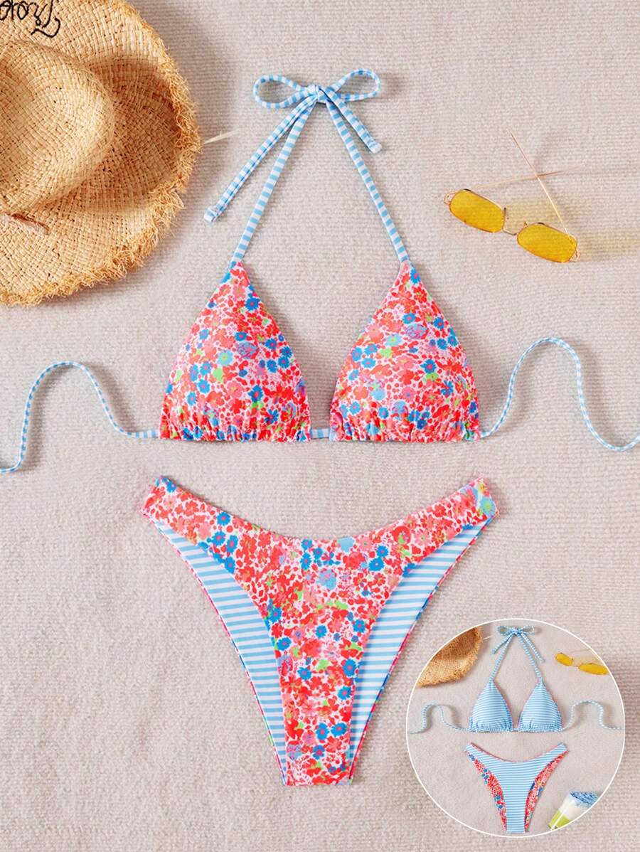 Swim Mod 2pcs/Set Women Holiday Vacation Beach Random Print Reversible Halter Top And Adorable Shorts Bikini Set For Summer - Multicolor - View 1
