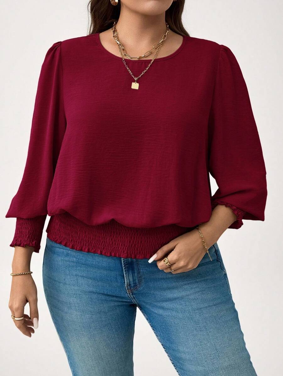SHEIN LUNE Bluzka w dużym rozmiarze, swobodna, w jednolitym kolorze, z bufiastymi rękawami, na Nowy Rok, na Święta, na Dzień Matki, prosta i modna - Burgund - Zobacz 1