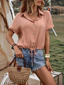 EMERY ROSE Solid Button Front Drawstring Hem Batwing Sleeve Shirt - Dusty Pink - View 5