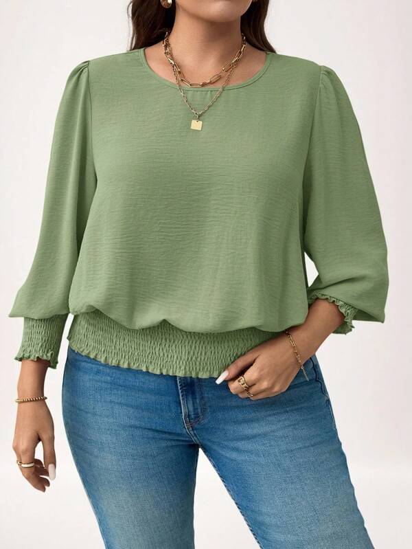 SHEIN LUNE Plus Size Casual Solid Color Puff Sleeve BlouseNew Vears Women Outfit Holiday Outfit Business Casual Woman