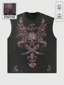 ROMWE MEN Áo thun nam cổ tròn phong cách Gothic họa tiết xương khô đính đá, thích hợp cho Halloween. - màu đen - Xem 1