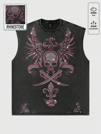 Street Life Gilet gothique pour hommes à col rond avec squelette et strass, Halloween