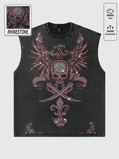 Street Life Gilet gothique pour hommes à col rond avec squelette et strass, Halloween