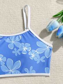 3pcs Tween GirlsRandom Floral Print Swimsuit & Beach Attire Set - Blue and White - View 6