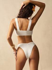 VARSIVA Women's Minimalist Solid Color Textured Fabric Ruched Bust Bikini Set, Summer, All White - White - View 6