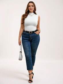 SHEIN LUNE ملابس علوية أساسية من القطن ذات ياقة مجعدة وضيقة في القصة، مناسبة لقياسات كبيرة، للنساء، لون أبيض ، ملابس عطلة