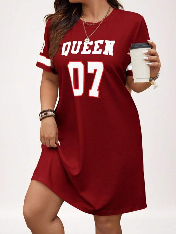 SHEIN LUNE Plus Size Women Letter Print Round Neck Short Sleeve Casual Dress For Summer