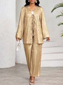 SHEIN Lady 2 件套女士休闲前系带长袖上衣和裤子套装，纯金面料女士两件套度假装女士 2 件套女士婚礼宾客礼服女士办公室礼服女士工作礼服女士休闲礼服 7 月 4 日女士 - 金色 - 查看 1