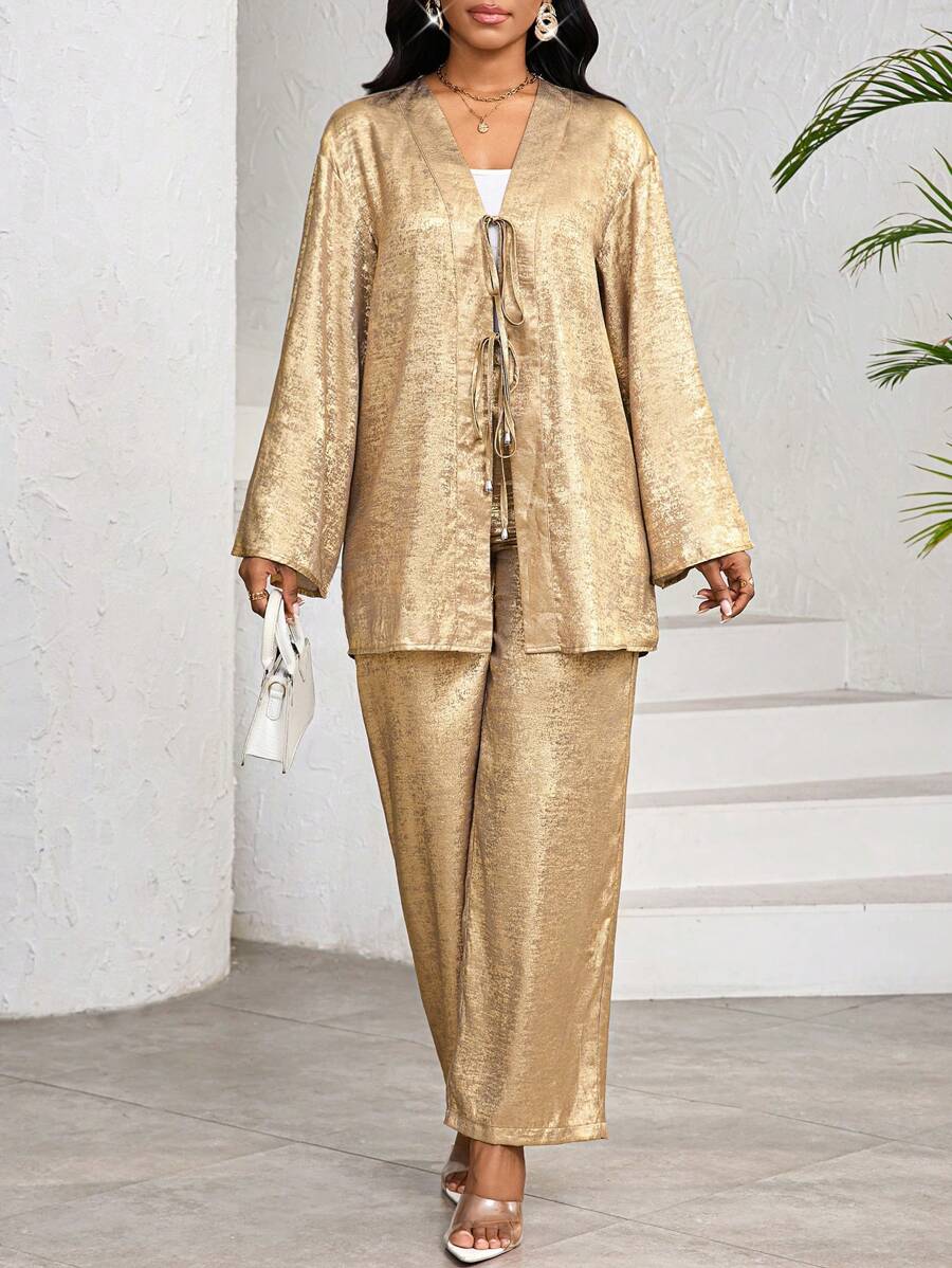 SHEIN Lady 2 件套女士休闲前系带长袖上衣和裤子套装，纯金面料女士两件套度假装女士 2 件套女士婚礼宾客礼服女士办公室礼服女士工作礼服女士休闲礼服 7 月 4 日女士 - 金色 - 查看 1
